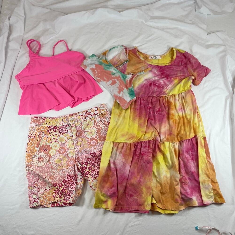 Girls Summer Lot 4pc Size 10/12 Dress Shorts Bikini Tops Pink Floral Tie Dye